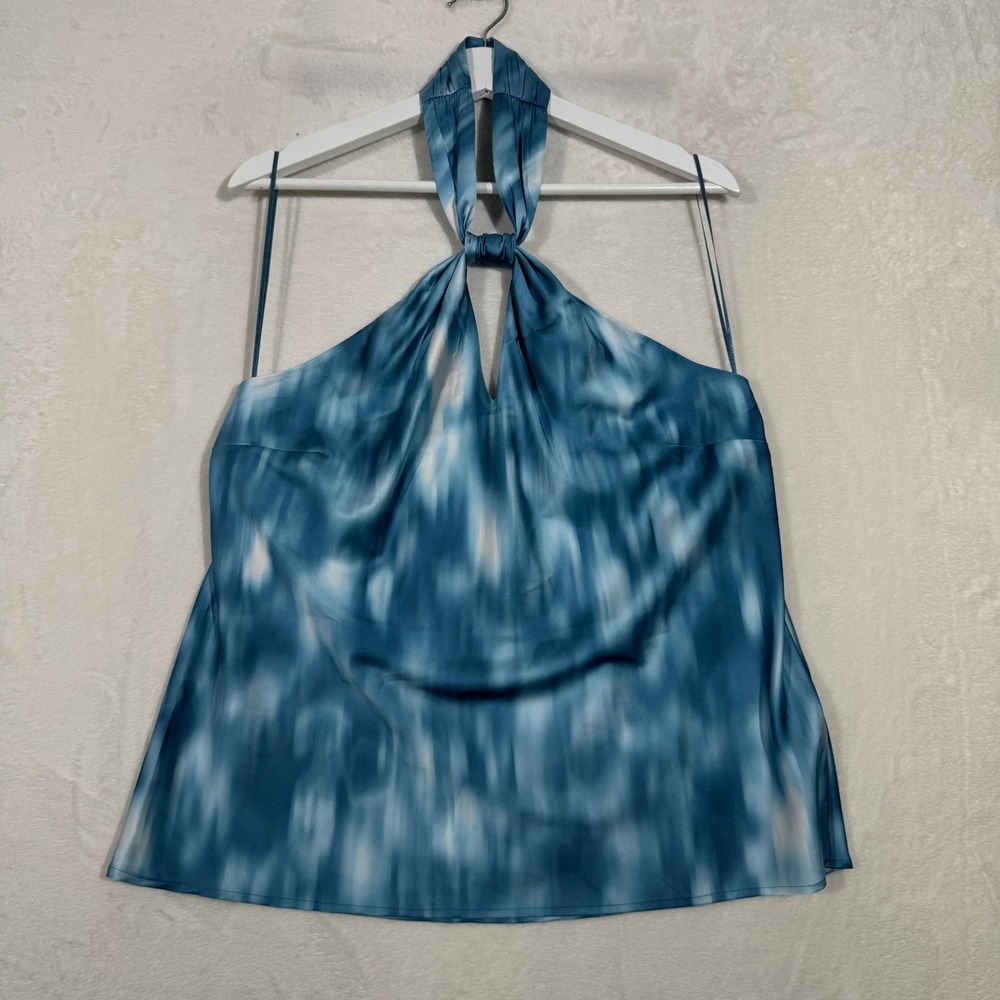 INC Halter Top Womens Large Blue Glacial Freeze Abstract Tie Dye Satin Knotted